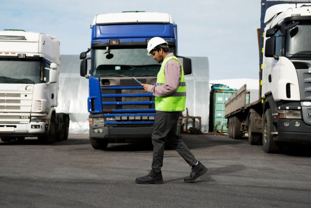 A man walking in front of a vehicle fleet with GPS tracking tablet doing route optimization and planning