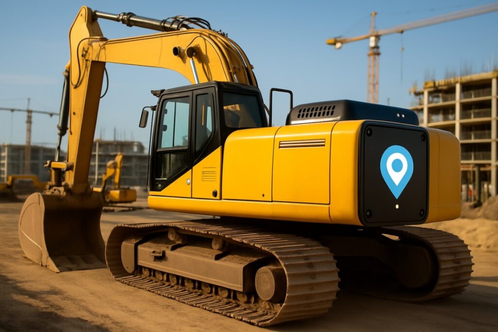 A yellow excavator with a GPS tracker visible on its side, set against a construction site background with cranes and partially built structures