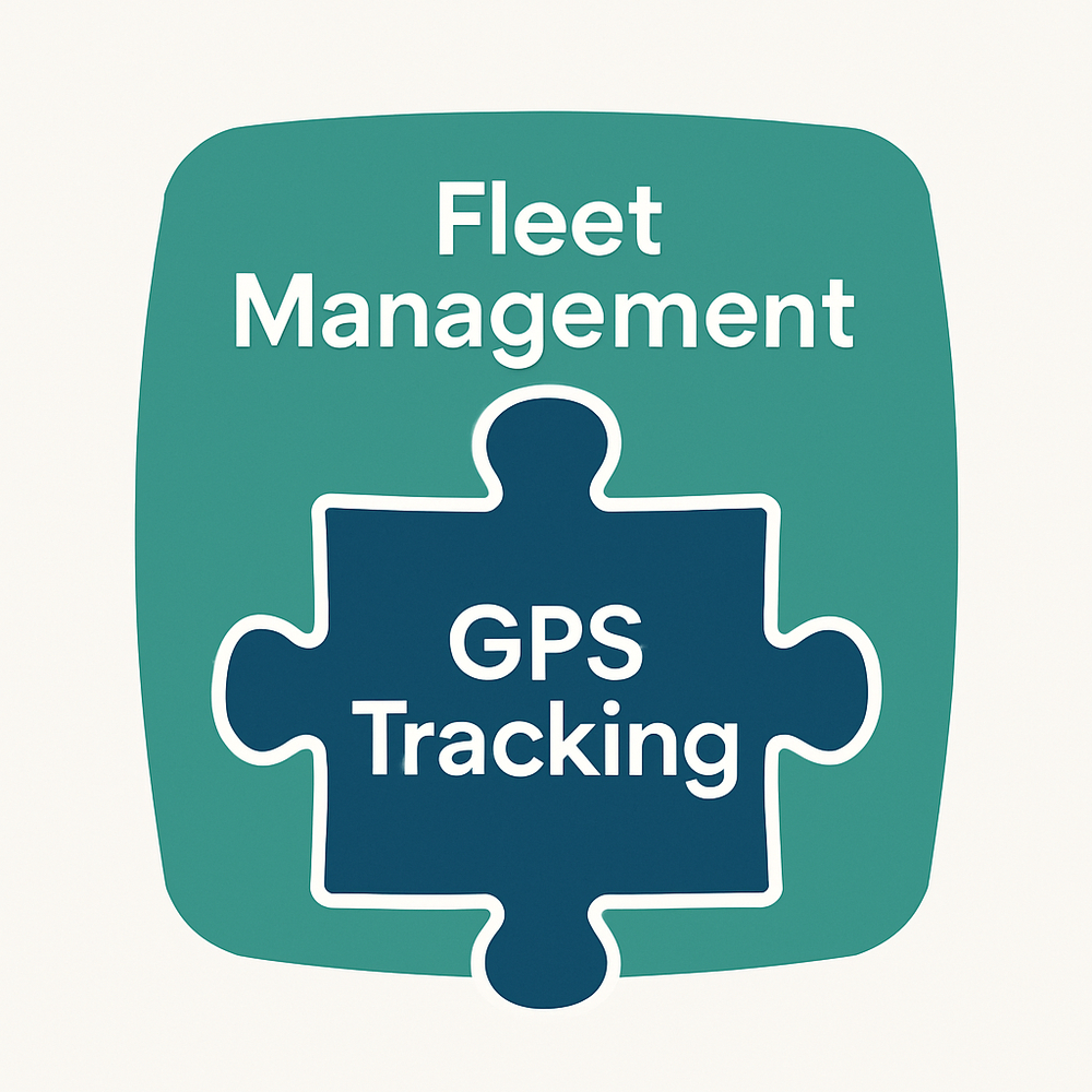 A puzzle graphic showing 'GPS Tracking' fitting into 'Fleet Management', illustrating their integration